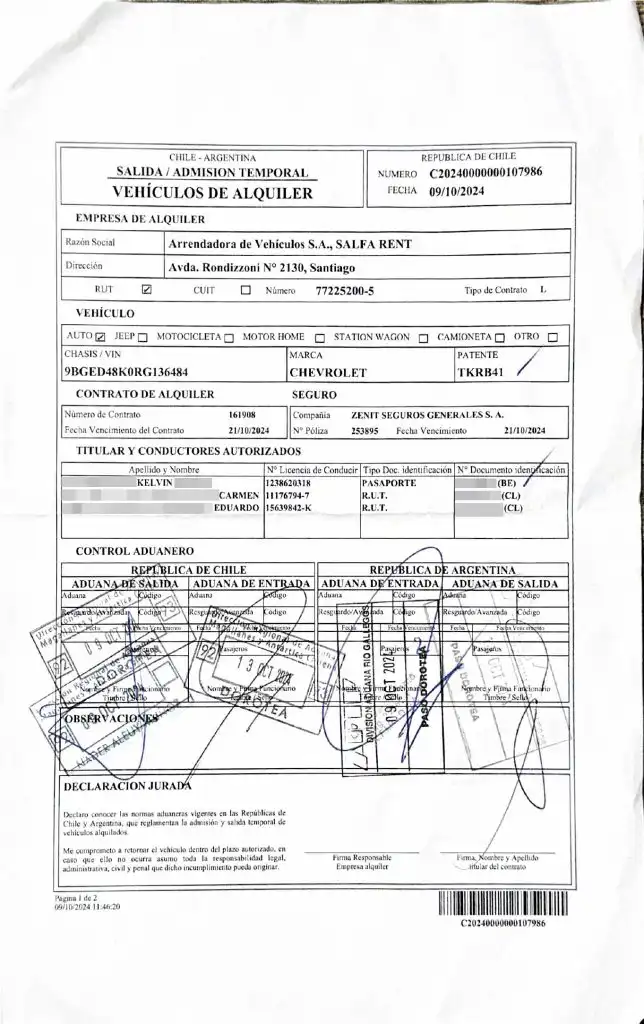 Renting a car in Chile: border crossing document