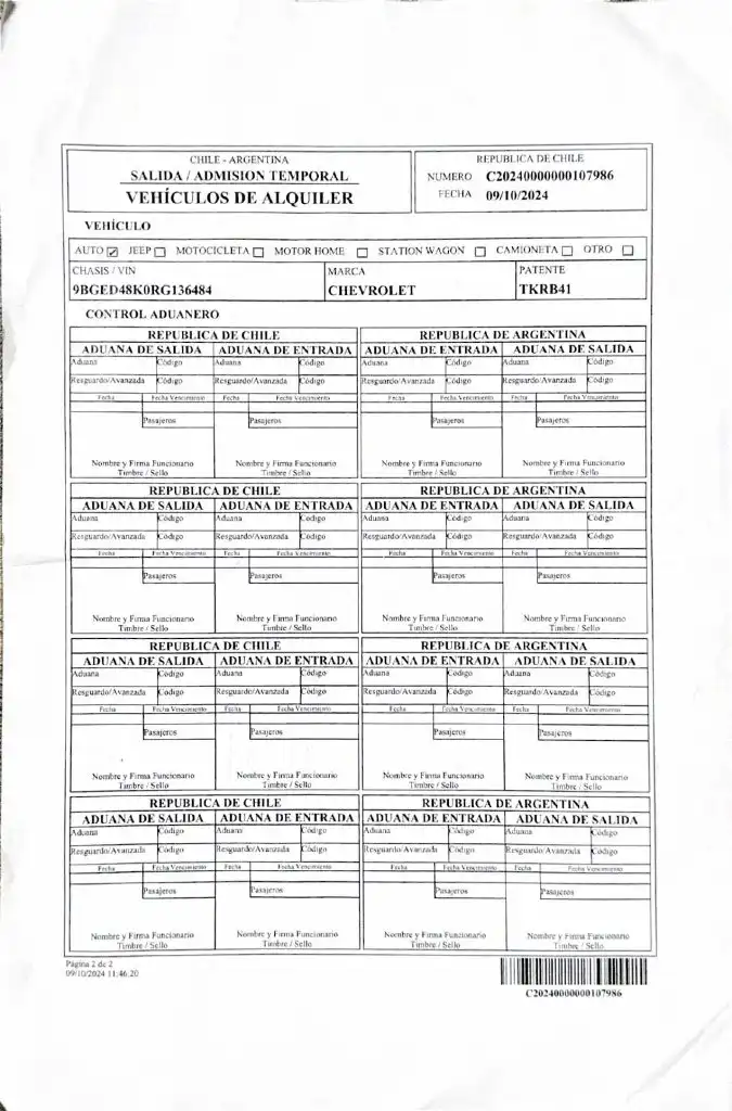 Renting a car in Chile: border crossing document